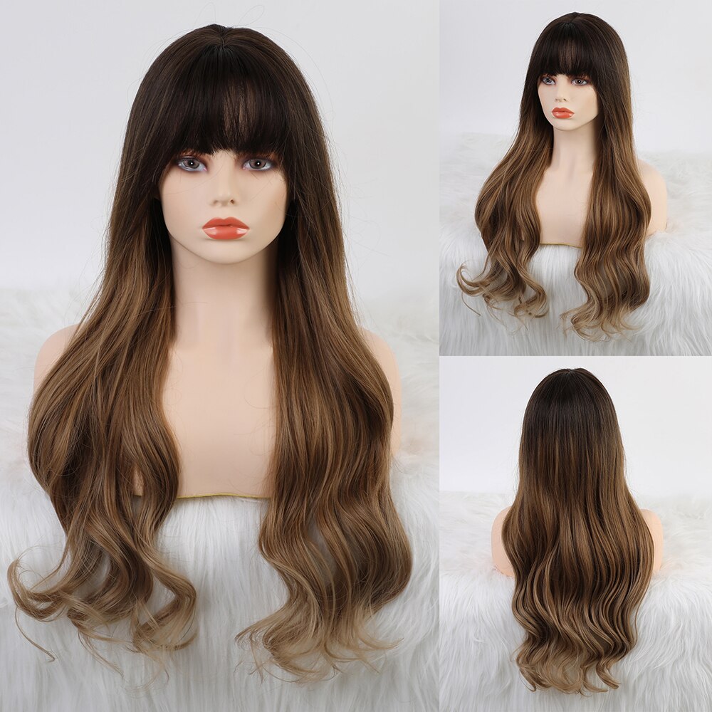 CharmSource-pelucas postizas onduladas con flequillo sintéticas para mujer, color gris, Plata largos, pelo Natural, resistente al calor: lc6041