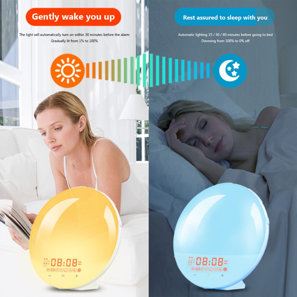 Smart Wake Up Light Digitale Wekker App Controle Met 7 Kleuren Zonsondergang Zonsopgang Led Lamp Snooze Klokken Natuur Muziek fm Radio
