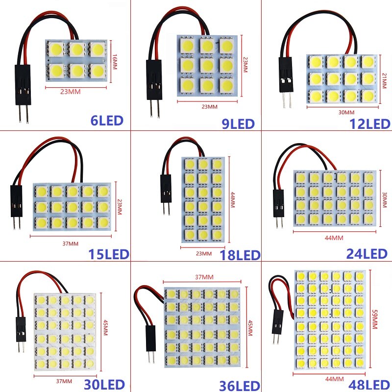 6 9 12 15 24 SMD 5050 LED Auto Panel de luz lectura bombilla tipo cúpula Interior del coche techo mapa lámpara T10 W5W C5W C10W Festoon 3 Base adaptadora