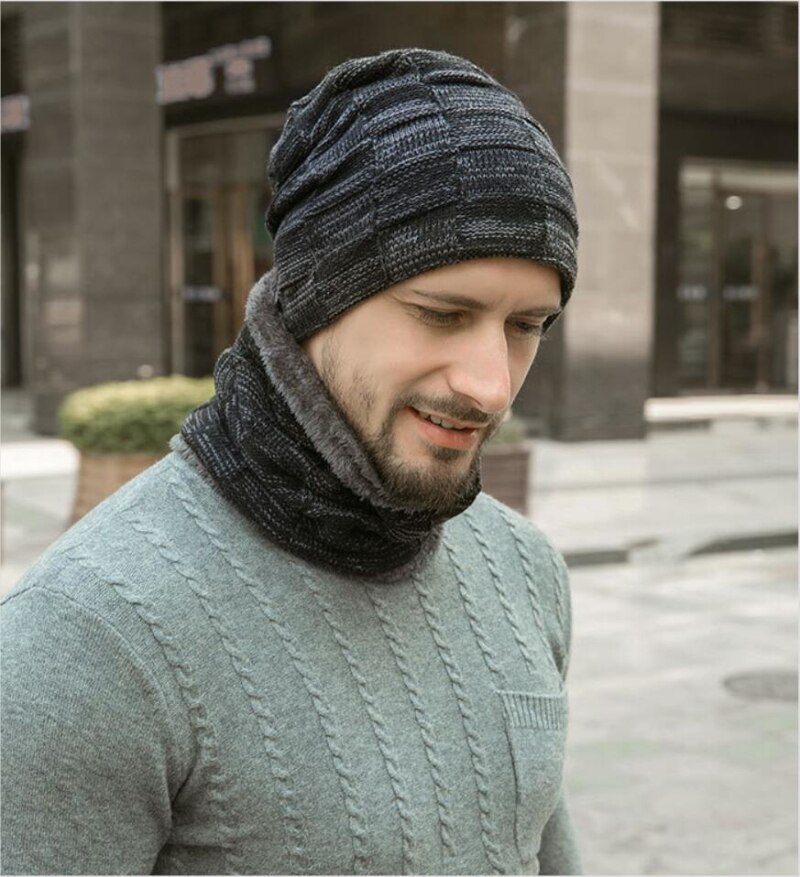 HT2678 Mannen Gebreide Muts Dikke Warme Fleece Gevoerde Mannen Hoed Sjaal Set Herfst Winter Winddicht Beanie Muts En Sjaal Winter accessoires