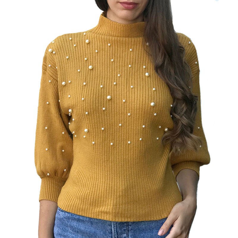 Autumn Winter Pearl Beading Sweater Women Pullovers Stand Collar Knit Jumper Casual Tight Cropped Sweater Three Quarter Sleeve