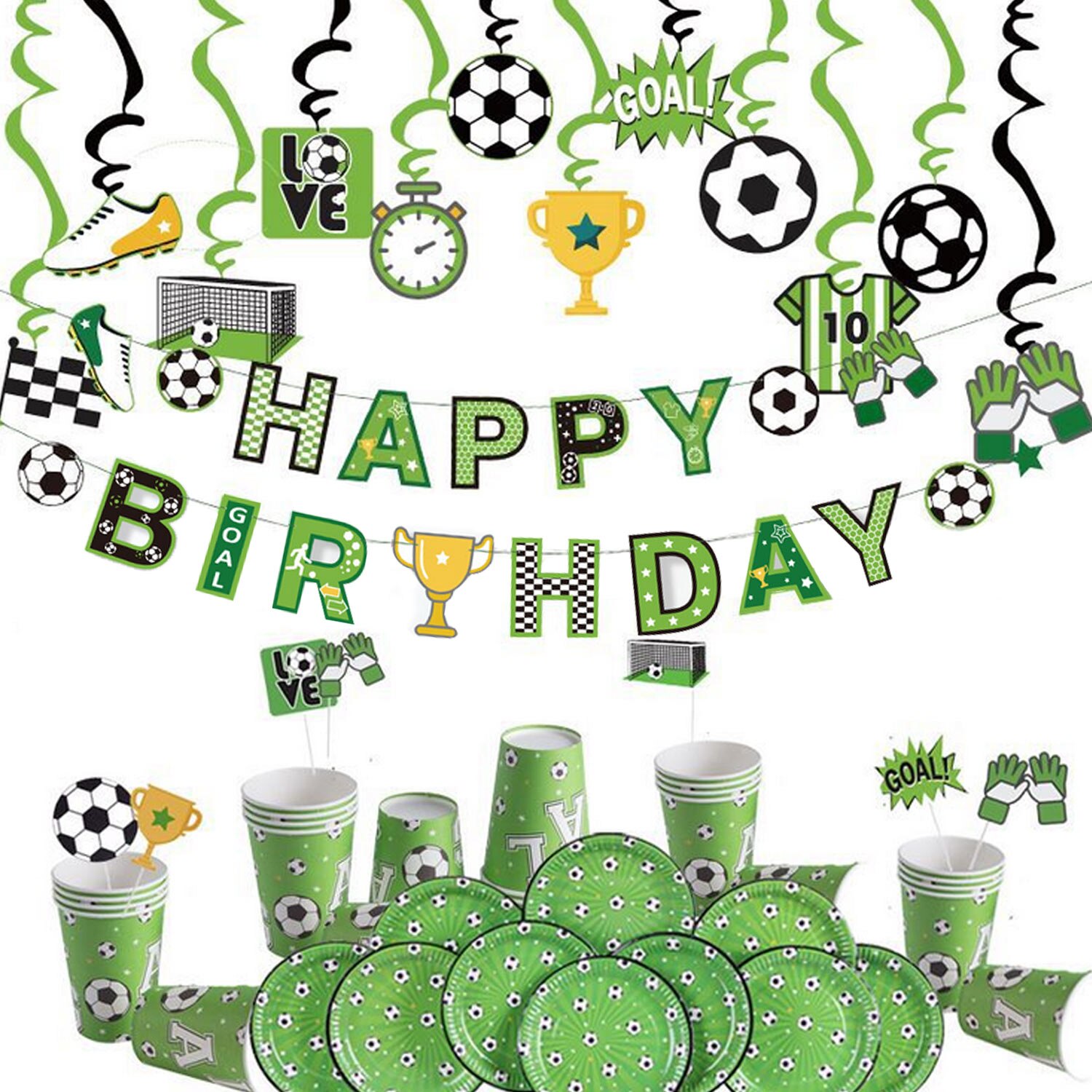 80 stk fodbold tema fest dekoration kit med fødselsdag banner cupcake toppers tallerken kop hængende hvirvel til fødselsdag fest forsyninger
