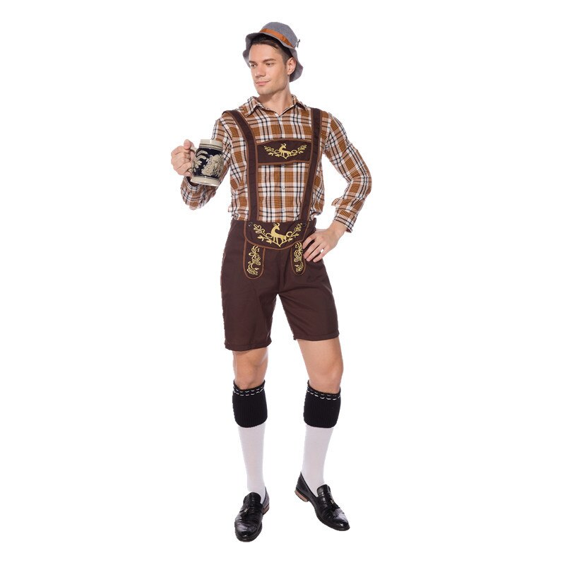 Men Oktoberfest Costume Germany National Plaid Shirt Lederhosen Outfit Cosplay Carnival Halloween Fancy Party Dress: XL