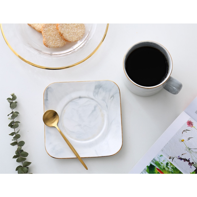 Kaffekopp och fat i marmor keramisk tevattenkopp porslin återanvändbar nespresso latte cappuccinokoppar 220ml