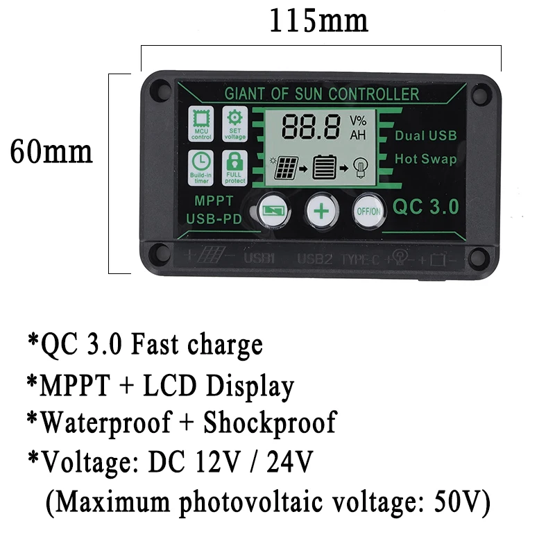 Controlador MPPT de carga Solar 100A 80A 60A 30A 10A, regulador de carga de Panel Solar de 12V/24V/50V con USB Dual con pantalla automática: Plata / 10A