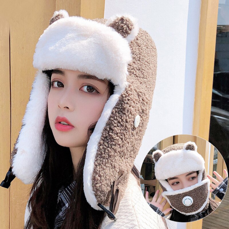 HT3375-gorro ruso de lana de oveja gruesa y cálida con máscara para mujer, gorro de invierno con orejera de esquí, gorra de cazador