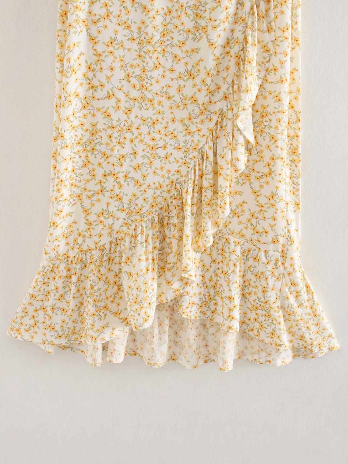 Women yellow flower print irregular pleated ruffles midi skirt faldas mujer ladies side zipper vestido skirts QUN611