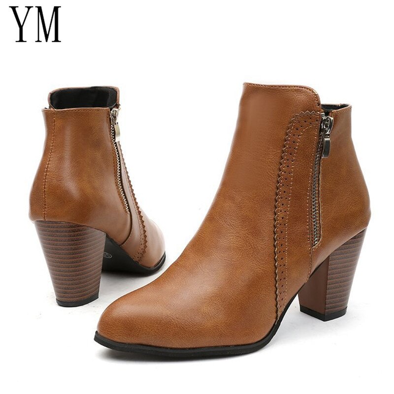 Return Women Ankle Boots PU leather Boots High heel 8cm Ladies shoes Side Zipper Short Boots for Women Shoes ship43