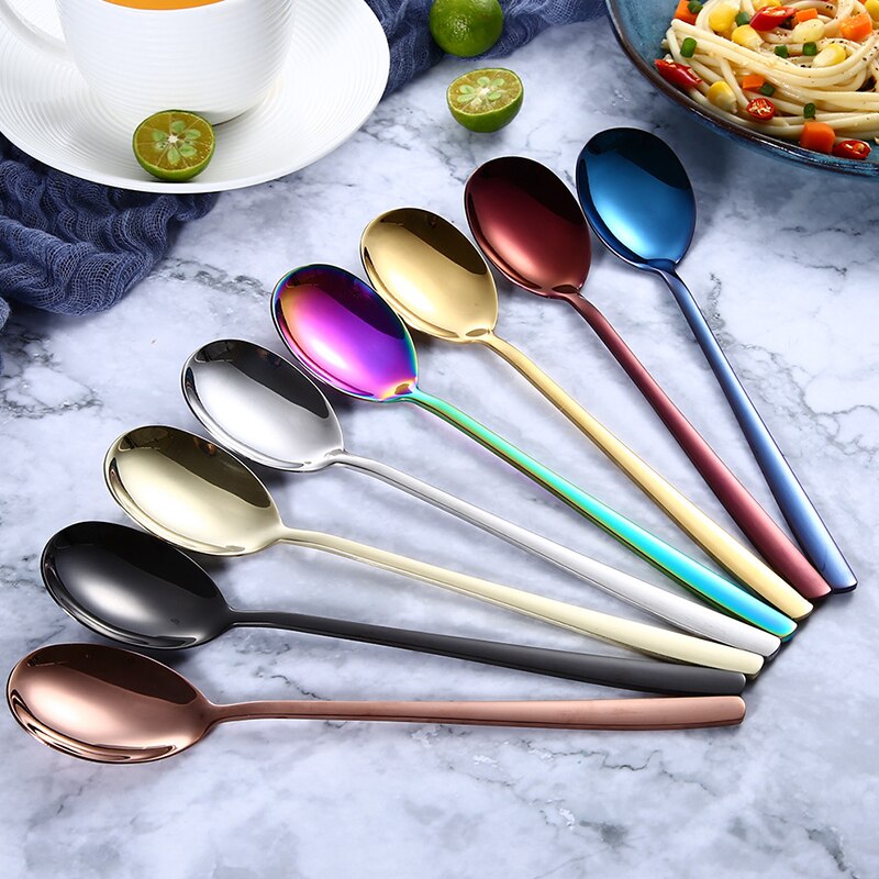 1PC Dessert Spoon Stainless Steel Vacuum Plating Coffee Dessert Stirring Spoon Shovel Long Handle Fruit Salad Forks