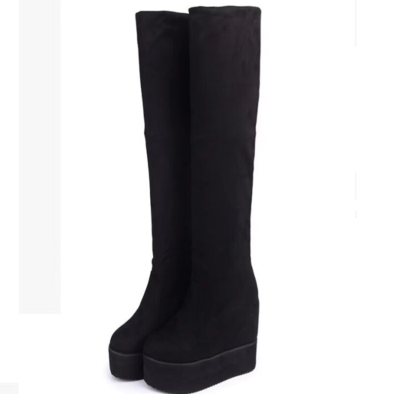 Cuissardes daim plate-forme bottes d'hiver femmes sur le genou bottes compensées talons hauts fourrure chaussures femme bottes longues