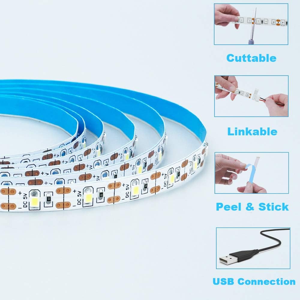 Tiras LED USB de 5V CC 2835, tira de luces LED blancas cálidas, cinta de iluminación de fondo de TV, lámpara de decoración para el hogar, cadena de luces LED de 1 a 5m