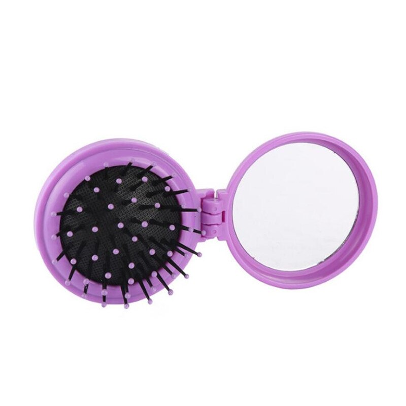 Mini peine plegable portátil para niñas, cepillo de pelo redondo de viaje para masaje con espejo, accesorios de plástico para el cabello, brochas: purple