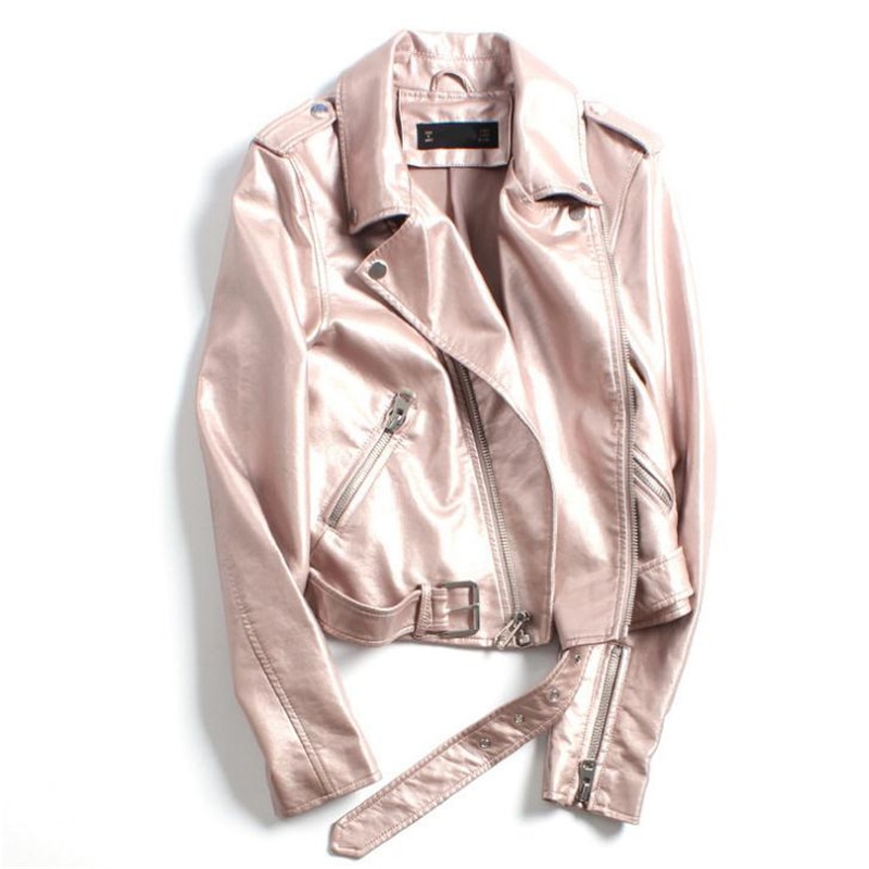European Station Silver Female Pu Washing Machine Leather Jacket Coats Autumn Winter Belt Leather Jacket White Gold Color
