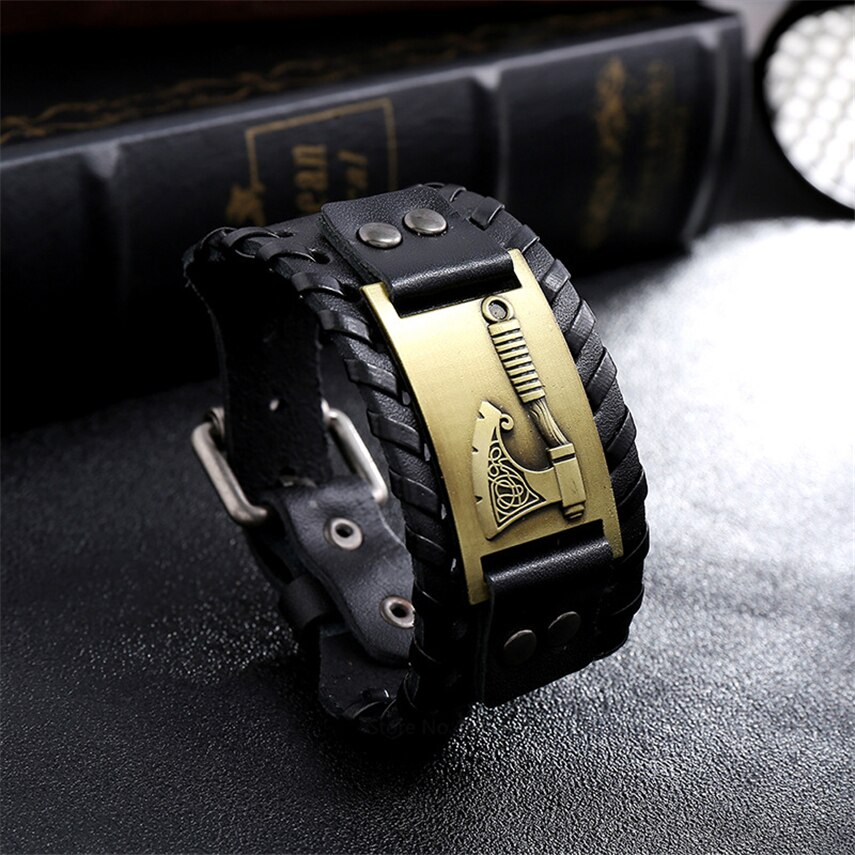 Adulto Medieval Cosplay pulsera de cuero Vintage Punk vikingo Ax guantelete pulsera brazalete Steampunk mediana edad Accesorios