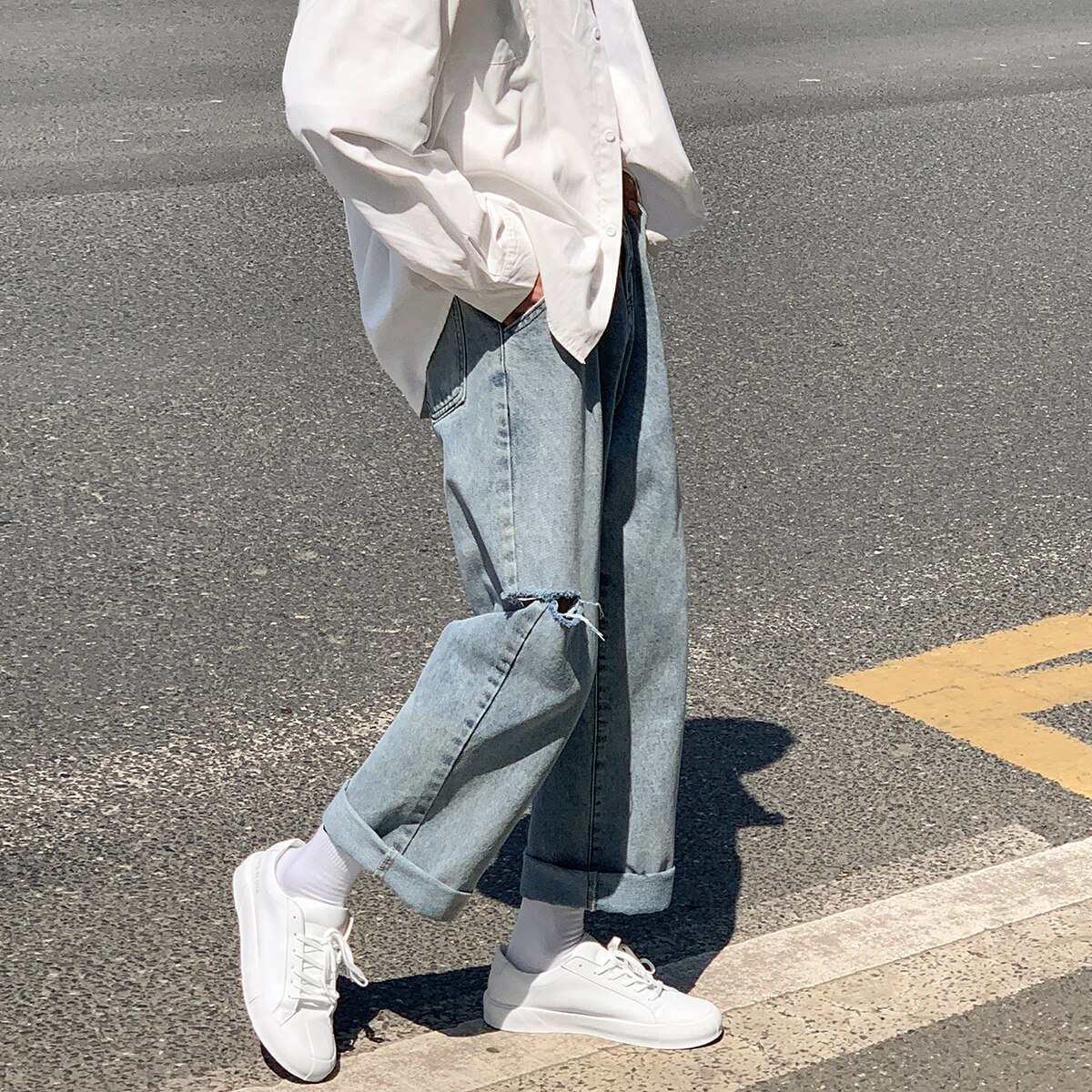 Koreaanse Stijl Ripped Baggy Jeans Kpop Mode Straight Denim Broek Mannen Kleding Hip Hop Cargo Broek Streetwear Mannelijke