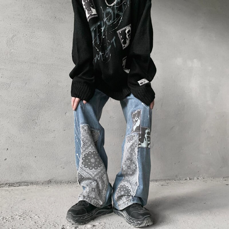 UNCLEDONJM Cashew Flower Patchwork jeans denim black jeans men baggy jeans women Graffiti hip hop jeans loose men clothing Ygh01