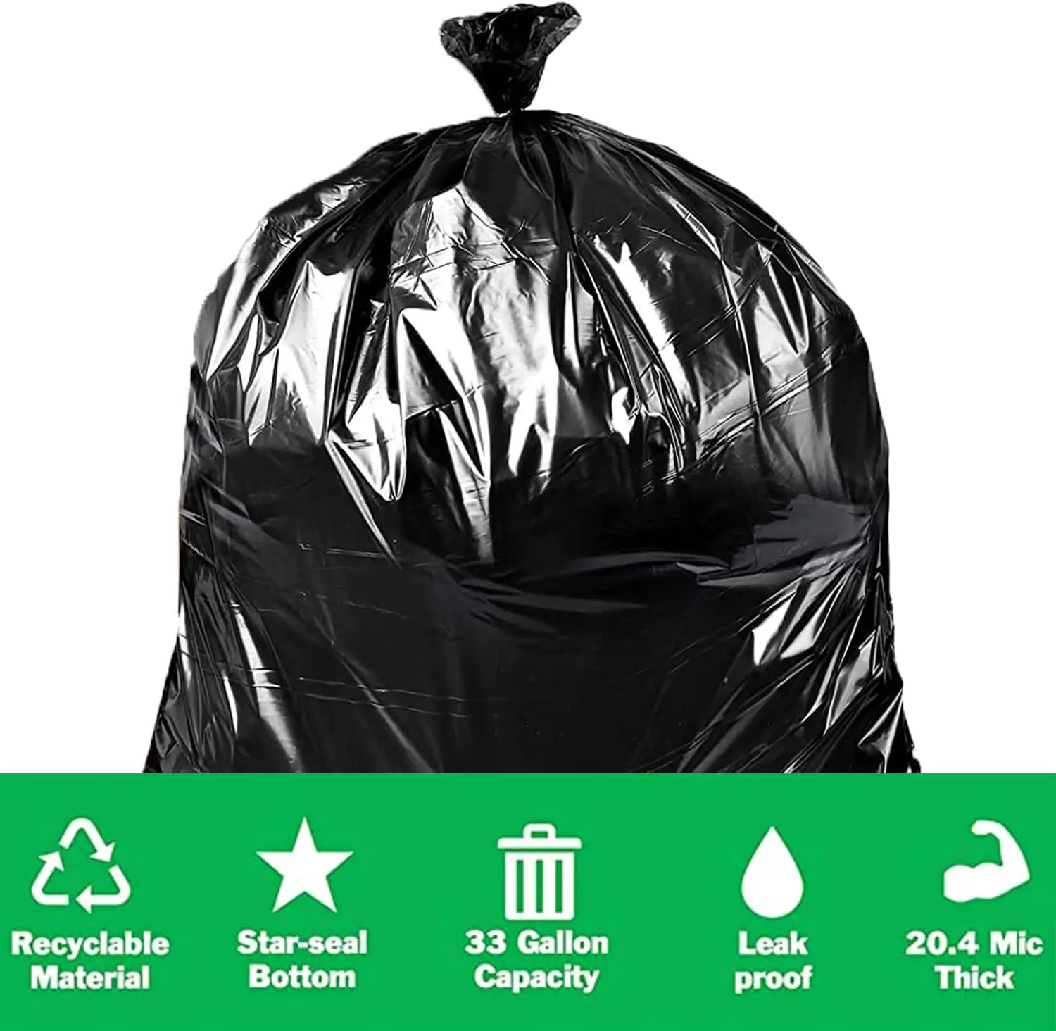 Extra grote, dikke zwarte vuilniszakken met platte bovenkant, schoonmaakzakken, zware plastic vuilniszakken voor commercieel gebruik, keukenafval en buitenafval.