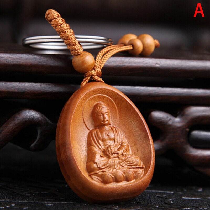 For Car Bag keyring Lucky Jewelry Peach Wood Carving buckle Buddha Pendant Keychain