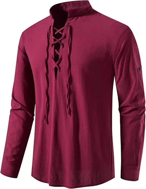 Novos Homens Decote Em V Camisa T-Shirt Moda Vintage Fino Top Manga Longa Homens Casual Respirável Viking Frente Lace Up Ho: XXL / Red