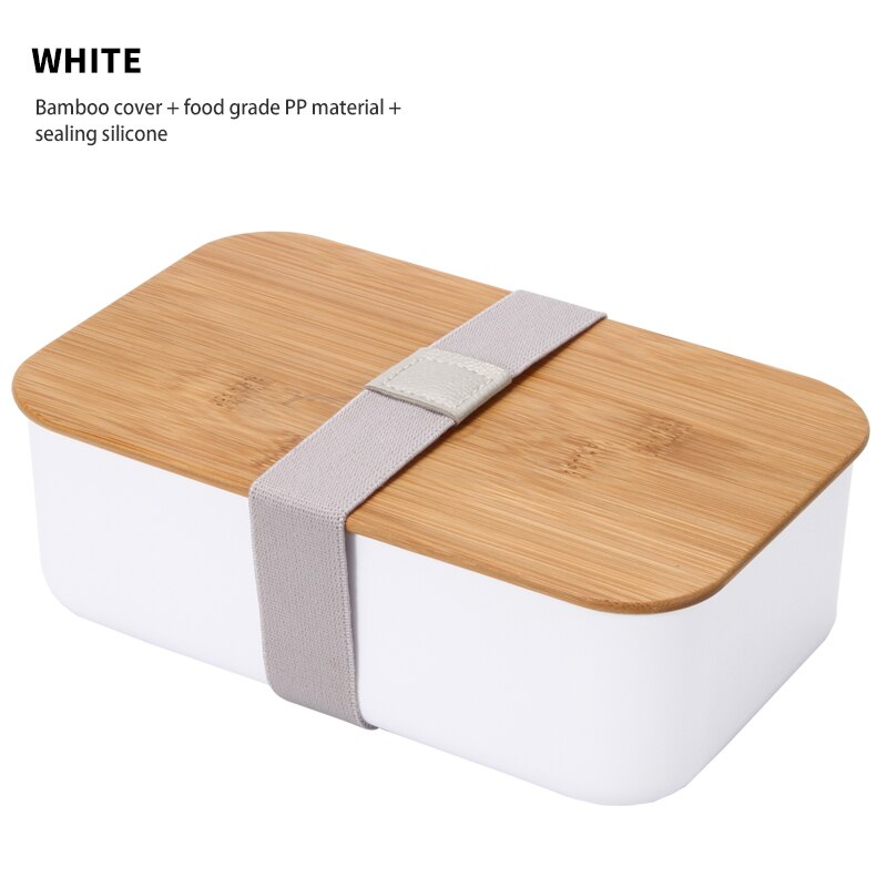 Fiambrera de bambú portátil para niños, caja Bento japonesa para la escuela, contenedor de alimentos con cuchillo y tenedor, compartimentos móviles para microondas: White