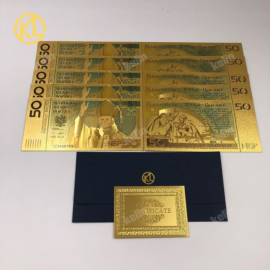 10Stck 50 PLN ZLOTY Polen Gold Farbe Banknote PAPST JOHANNES paul II Für sammlung 999 Gold für Souvenir sammlung: Licht Grau