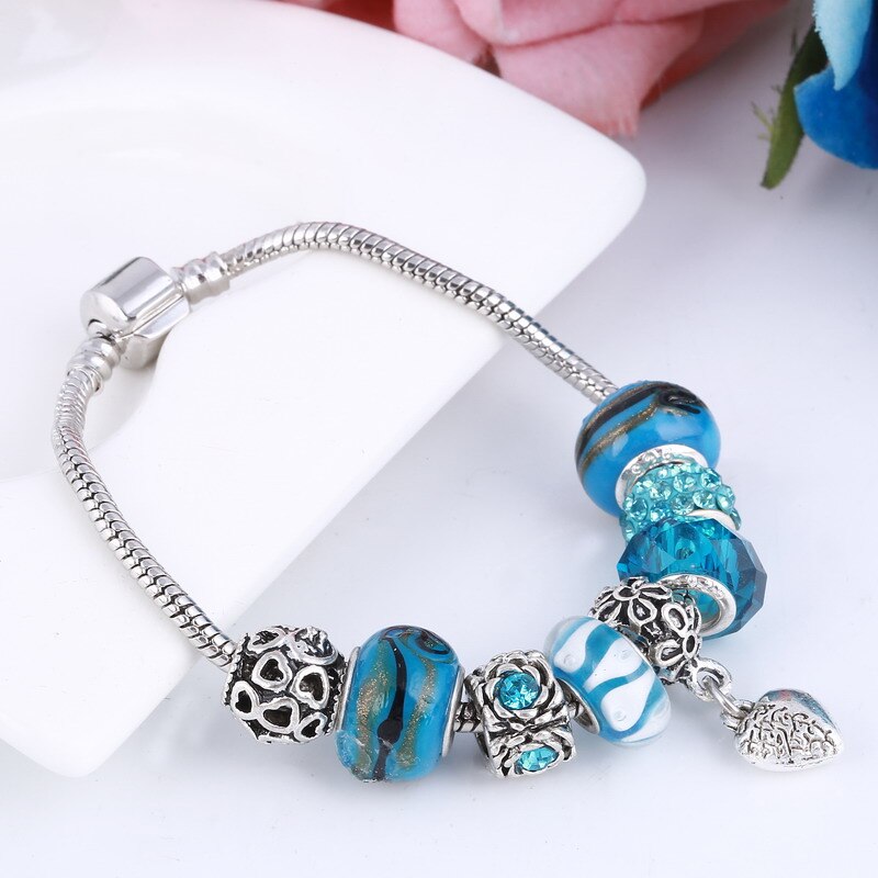 Zoshi Roze Blauw Kristal Kralen Hart Armband Voor Vrouwen Diy Zilver Kleur Armband Sieraden Pulseira Feminina