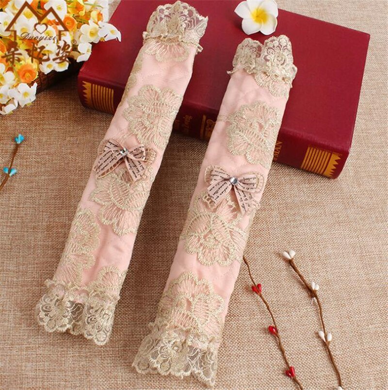 Cubierta de manija de encaje, cubierta de perilla de puerta, guantes de algodón para refrigerador, accesorios de herramientas para el hogar, cubierta de manija de puerta de nevera de doble puerta: Pink long