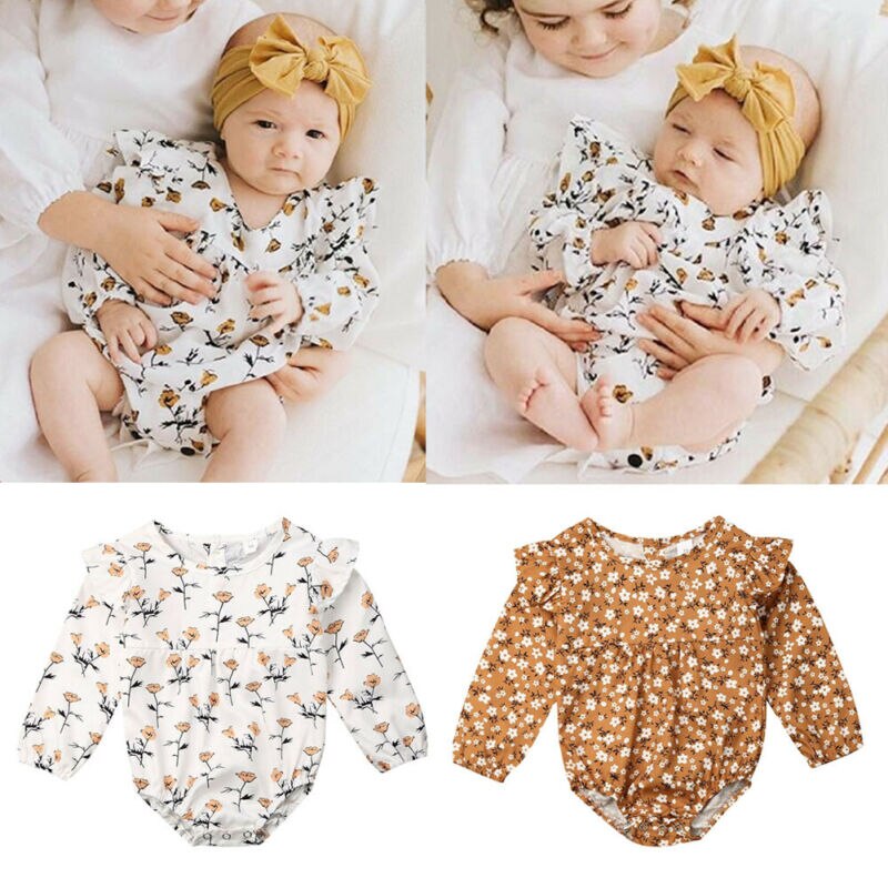 0-24M Newborn Baby Girls Boys Bodysuits Long Sleeve Ruffle Flowers Print Jumpsuit Outfit Autumn Clothes