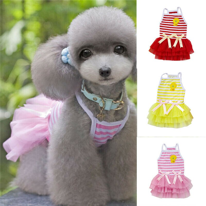Letnie oddychające psy domowe spódnice Puppy modne koronki łączenie dekoracyjna kokarda mieszana kolor kamizelka w paski spódnice ubrania dla zwierząt