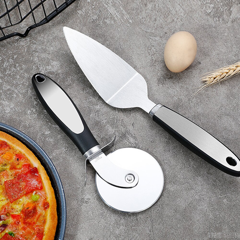 2-piece Set Utensils Pizza Shovel Stainless Steel Pizza Knife Kitchen Gadgets Bakeware Dining Bar Cake/pancake cutter: black-Two piece set