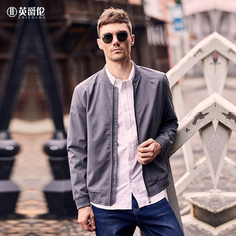 Enjeolon Brand Autumn Winter Men Simplicity Jacket Coat Young Causal Embroidery Print Baseball Coats JK0379: French grey / XXXL