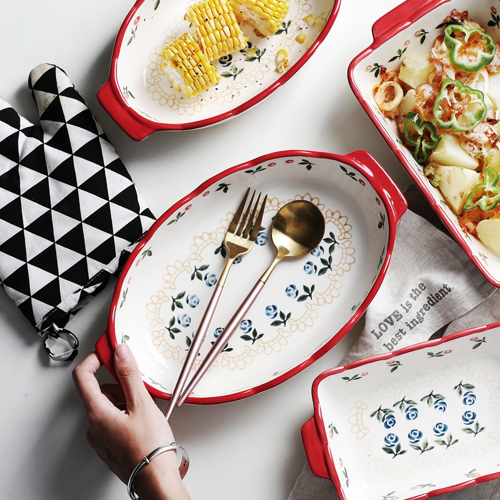 1pc Red Cherry Baking Plate Ceramic Dinner Dishes European Style Dinnerware Baking Tray Ovenware Dinner Plate