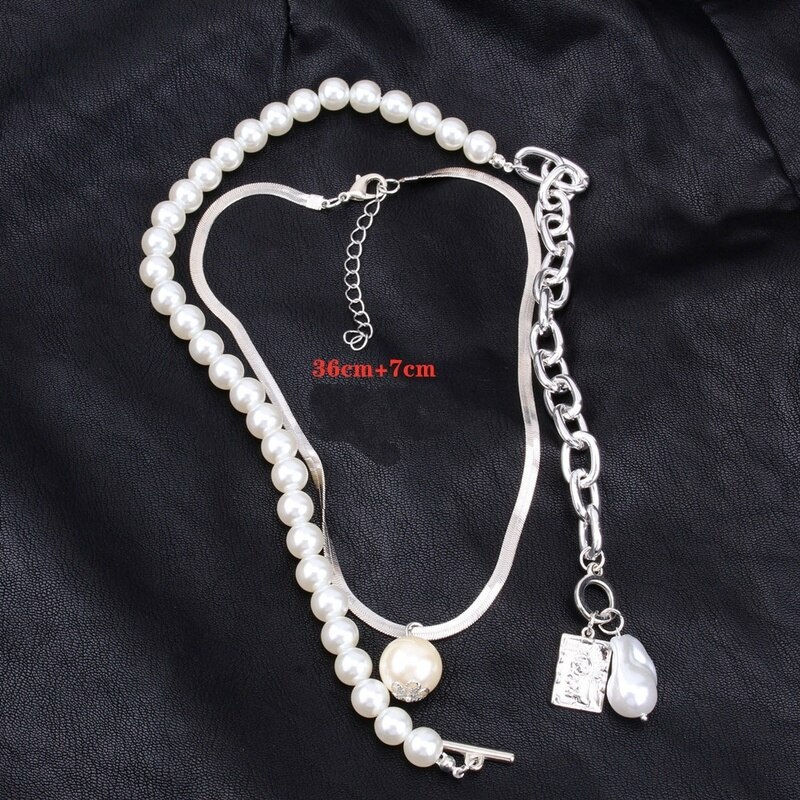 Women punk 2 Layers Pearls Pendants Necklaces Metal Snake Chain Necklace Jewelry