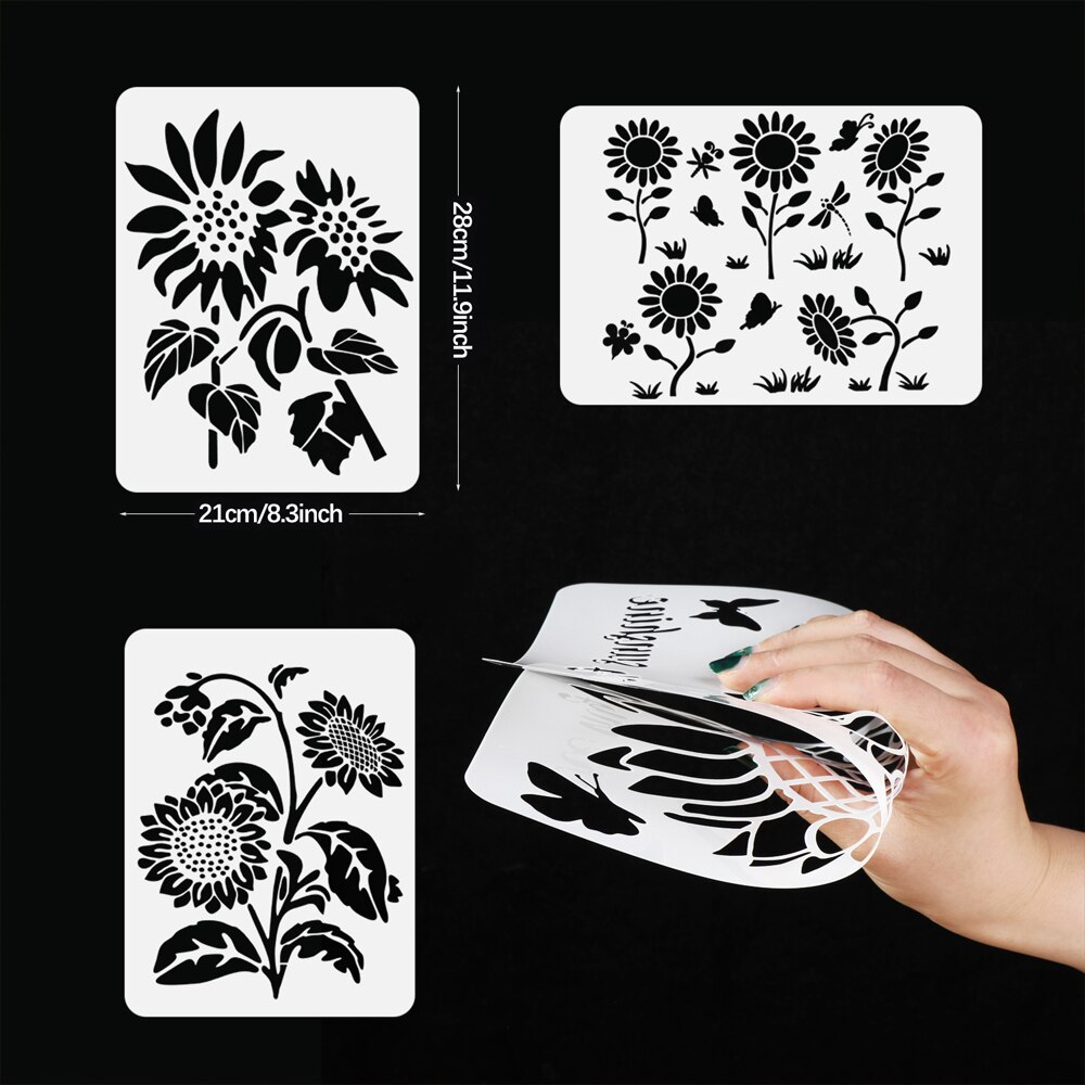11Pcs/Set Sunflower Painting Stencils Reusable Plants Stencil Template Stencils with Metal Open Ring for DIY Paint Craft Wall
