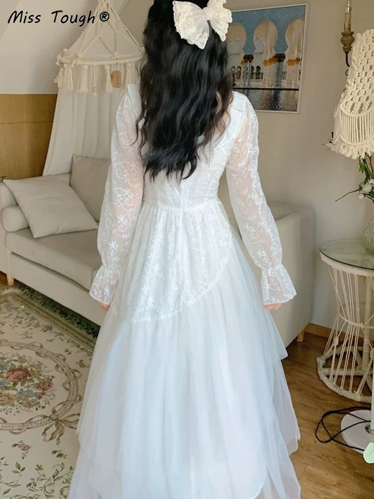 Vintage Evening Party Long Dress Women Lace France Retro Princess Fairy Dress White Korea Sweet Dress Female Summer 2022