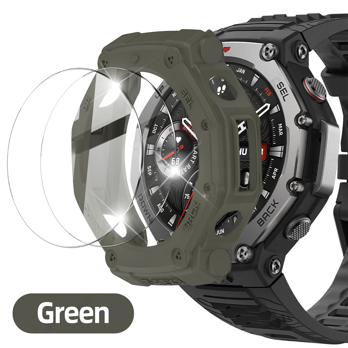Vidrio + funda para Amazfit t-rex 3 Protector de pantalla antiarañazos película de vidrio templado + parachoques cubierta protectora de silicona Accesorios: YELLOW
