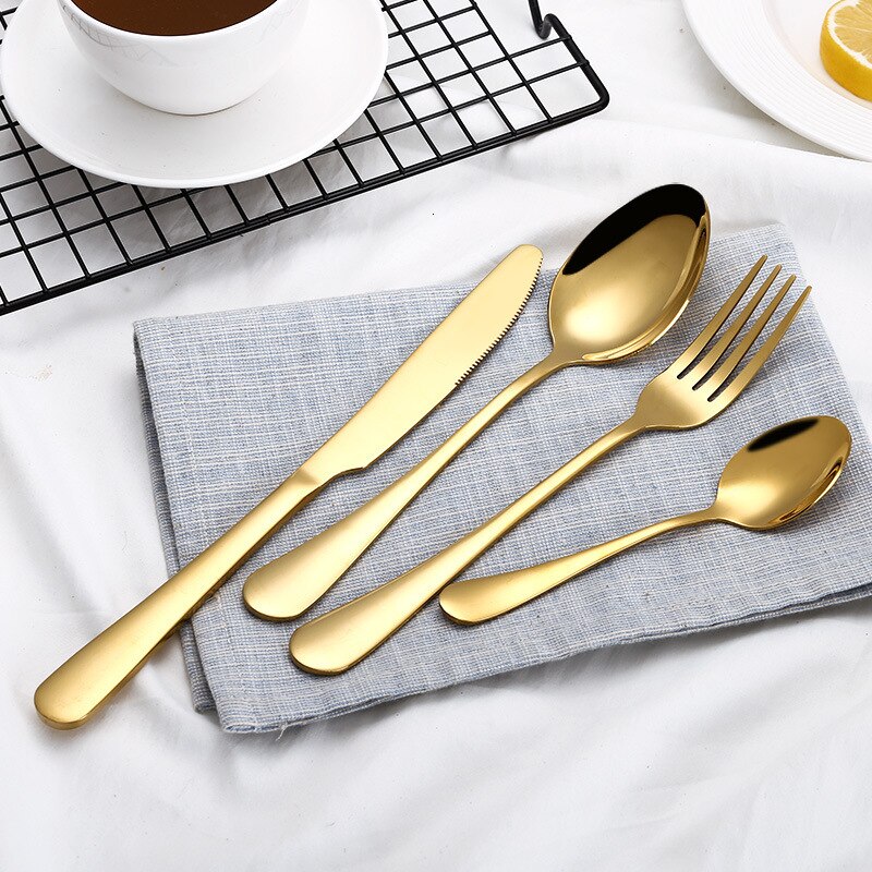 Black Gold Cutlery Set 18/10 Stainless Steel Fork Spoon Knife Set Mirror Tableware Set Portable Kitchen Spoon Silverware Set: gold