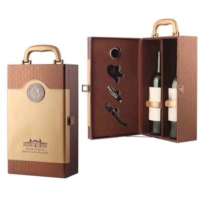 PU Leer hoogwaardige Wijn Dubbele Box 750 ml 2 Flessen Pakket Leer Wijn Geschenkdoos Effen Top- grade Commerciële Verpakking: 6