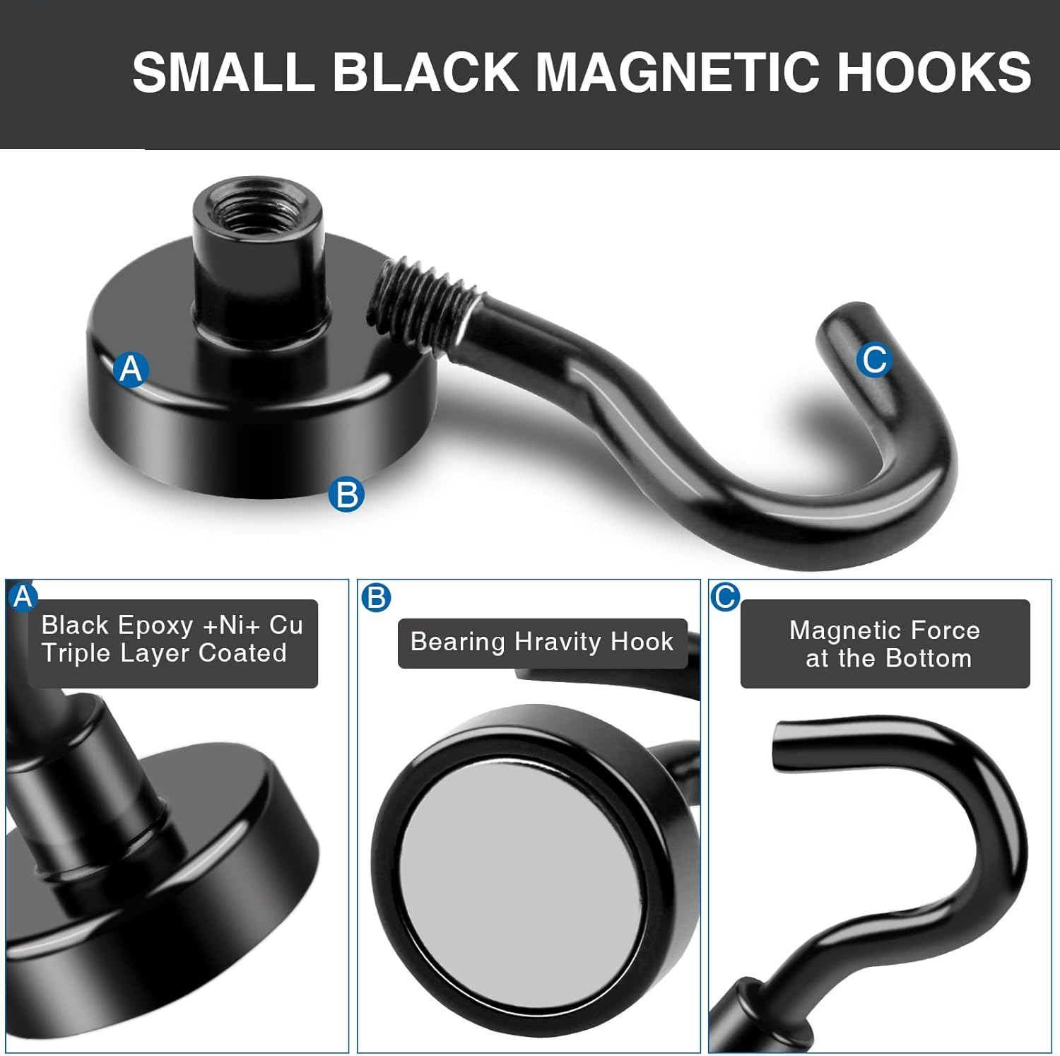 10 stks zwarte magneet haken 18 pond sterke Neodymium magneet haken zware epoxy coating magnetische cruise haken voor koelkasten