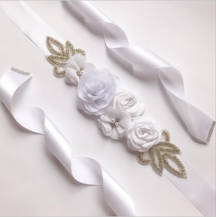 Vintage sidenband långa bälten chiffong blommor glänsande strass kvinna skärp bälten bröllop bröllop formell tillbehör: Vit