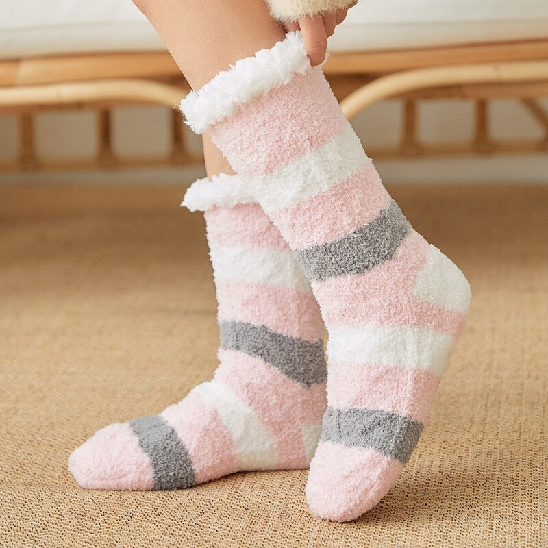 Dames zoete pantoffels sokken antislip print streep winter warme polyester huissokken dames zachte thermische vloer badstof sokken: Roze