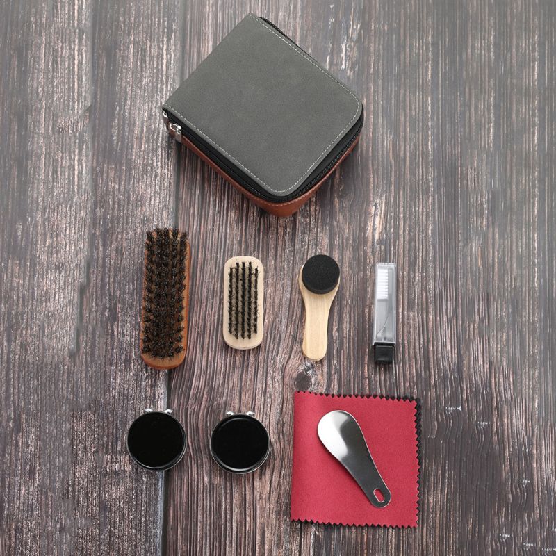 leather shoes care tools 9 pieces, horse hair brush, black shoe polish, sponge brush, shoe polisher, shoehorn,