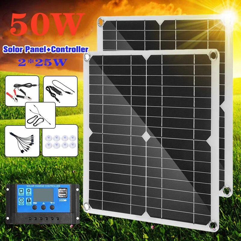 50W Solar Panel Kit Monocrystalline Solar Controller High Efficiency Travel &amp; Phone Boat Portable 18V Battery Charger