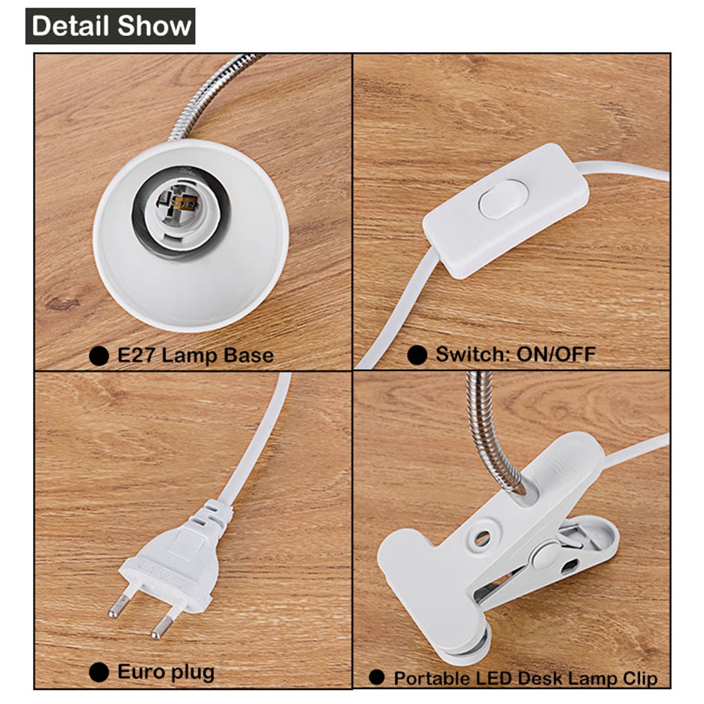 Adjustable Reading LED Desk Lamp E27 Light Holder With Clip Switch,360 Degree Twisted Flexible Metal Tubing led Table light