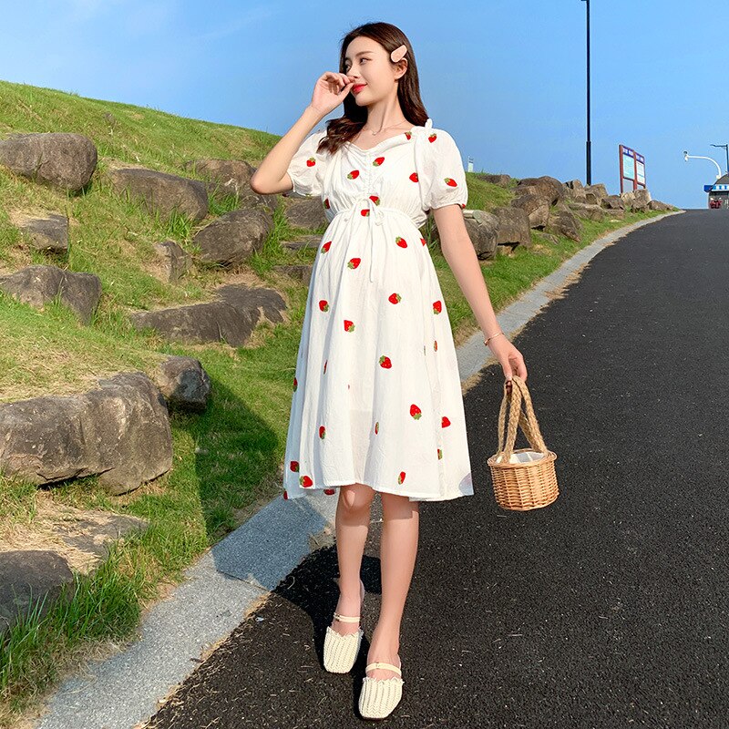 Verano embarazo vestido de mujer de talla grande ropa de maternidad embarazada ropa de piña y fresa bordado patrón femenino: Strawberry Dress / L