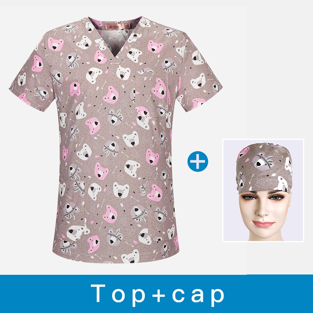 breathable cartoon printing nursing scrub unisex dental care uniform workwear shirt cotton workwear top + hat: top cap / M