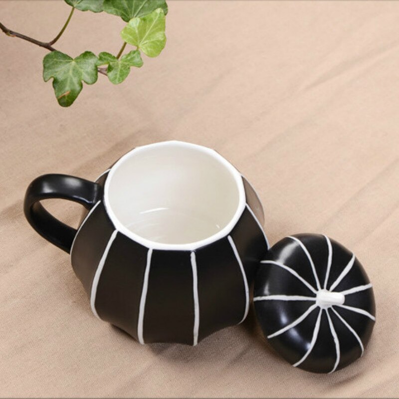 Taza de Café de Cerámica de 250ml con tapa, cuchara creativa con forma de calabaza para decoración de Halloween, tazas de celadón para desayuno, tazas de leche