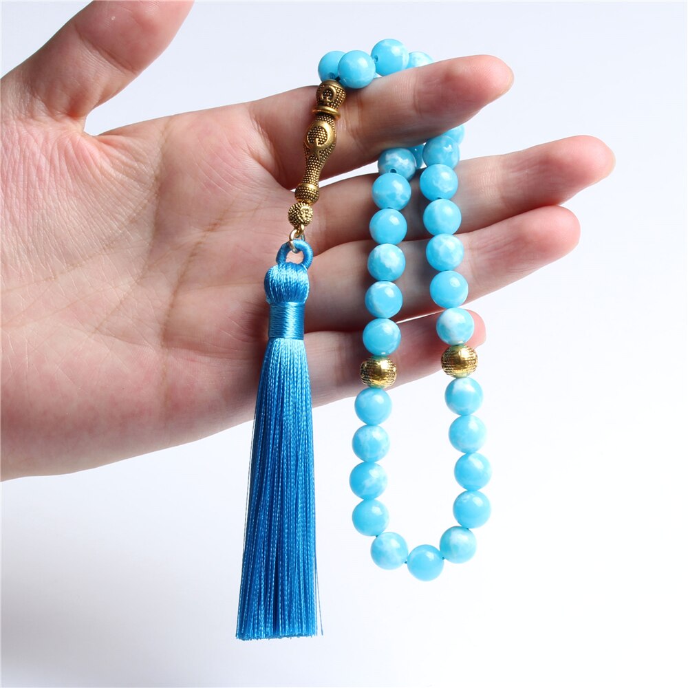 Nova moda 8mm pedra azul 33 contas de oração islâmica rosário muçulmano fio borla tasbih