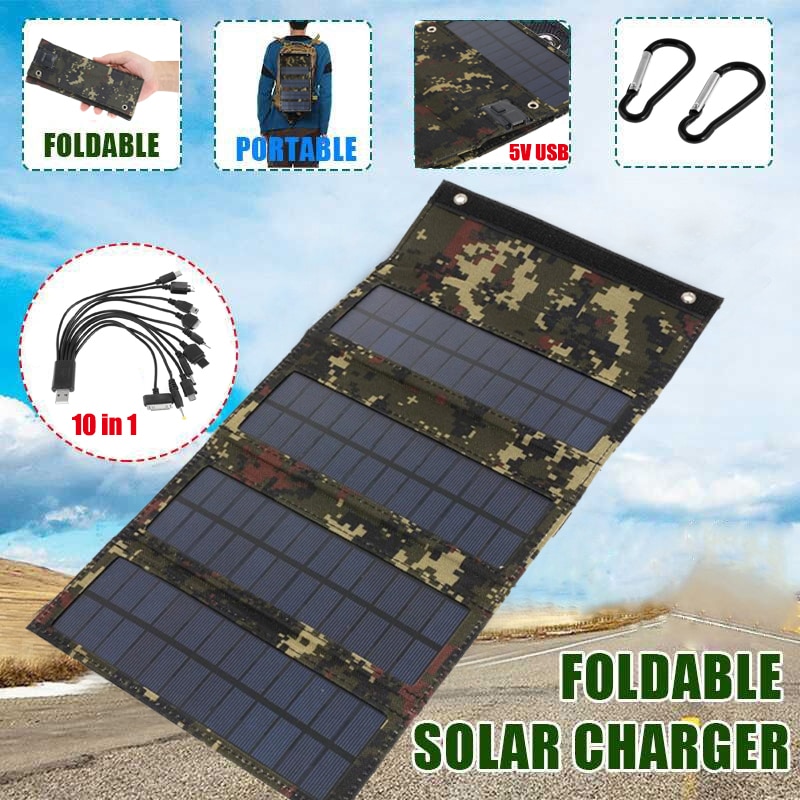 Sun power 50W 5V Foldable Solar Panel Solar Cells Folding Pack 10 in1 USB Cable Portable Solar Battery Charger for Phone Camping