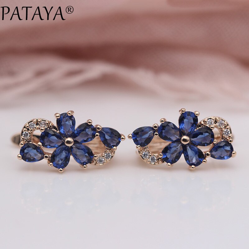 PATAYA Water Pruimenbloesem Dangle Oorbellen Vrouwen Mode Trendy Sieraden 585 Rose Goud Bloemblaadje Natuurlijke Zirkoon Blauw Oorbellen: Sapphire